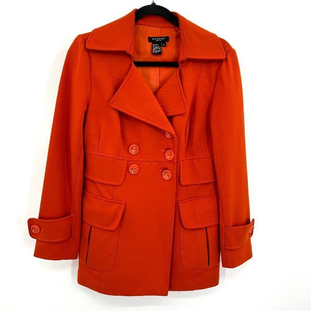 SANDRO Women's Orange Double Breasted Outdoor Spring Fall Peacoat Size Small